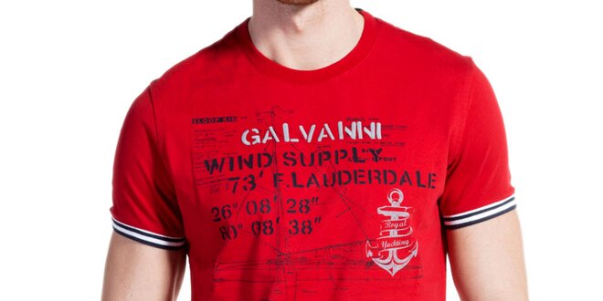 Pánské červené tričko s potiskem a pruhovanými lemy Galvanni