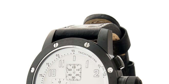 Pánské černé ocelové hodinky Jet Set s černým koženým řemínkem