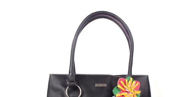Dámská černá kabelka s fialovou podšívkou a květinou Maku Barcelona