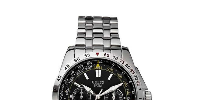 Pánské stříbrné hodinky z nerezové oceli s černým ciferníkem Guess
