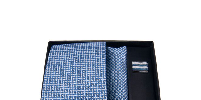 Pánská sada - modrobílé manžetové knoflíčky, kravata a kapesníček Giorgio di Mare