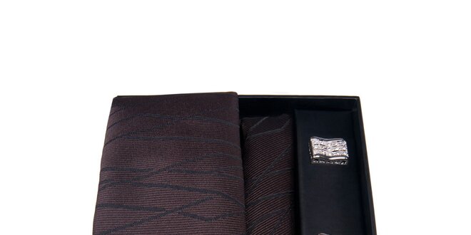 Pánská sada - manžetové knoflíčky, hnědá kravata a kapesníček Giorgio di Mare