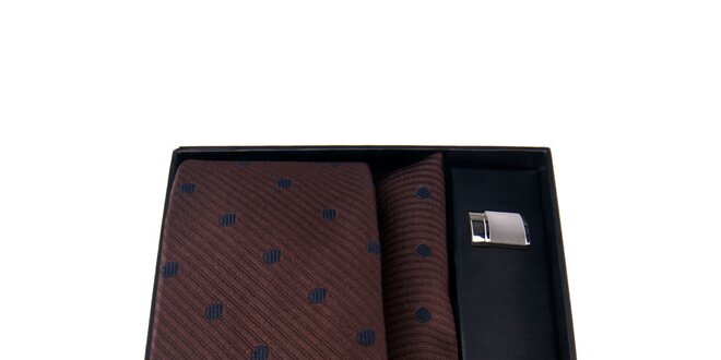 Pánská sada - manžetové knoflíčky, hnědá tečkovaná kravata a kapesníček Giorgio di Mare