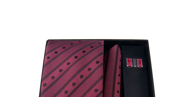 Pánská sada - manžetové knoflíčky, červená tečkovaná kravata a kapesníček Giorgio di Mare