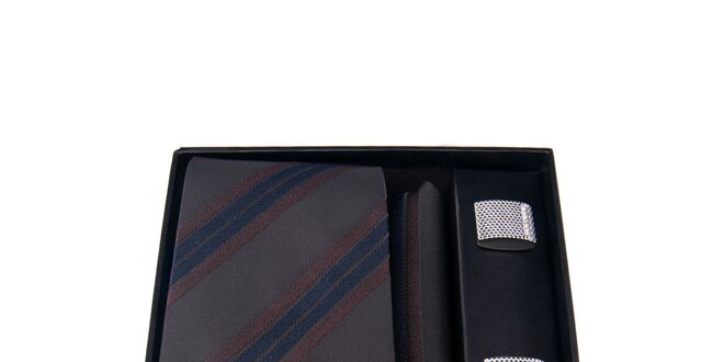 Pánská sada - manžetové knoflíčky, hnědě pruhovaná kravata a kapesníček Giorgio di Mare