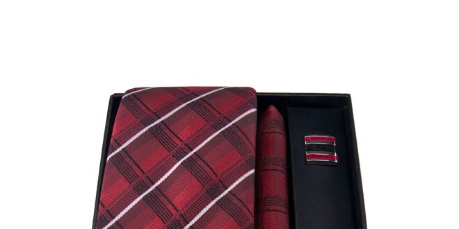 Pánská sada - manžetové knoflíčky, červeně kostkovaná kravata a kapesníček Giorgio di Mare