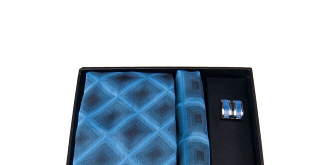 Pánská sada - manžetové knoflíčky, modrá kostkovaná kravata a kapesníček Giorgio di Mare