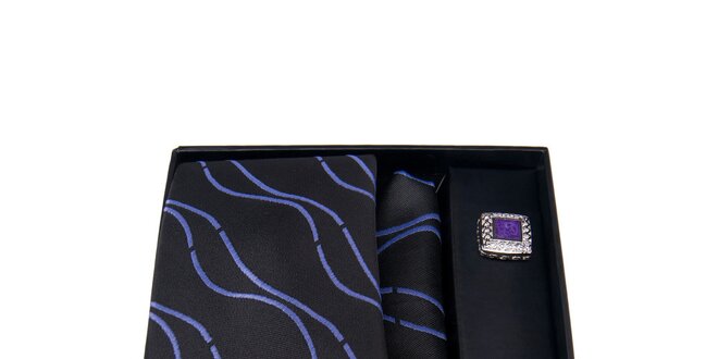 Pánská sada - fialové manžetové knoflíčky, kravata a kapesníček Giorgio di Mare