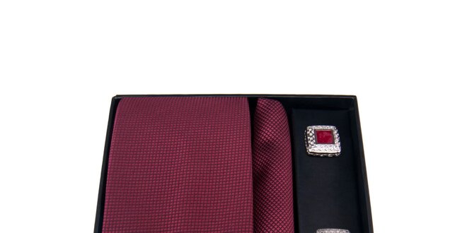 Pánská sada - manžetové knoflíčky, tmavě červená kravata a kapesníček Giorgio di Mare