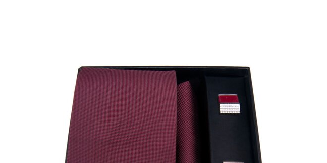 Pánská sada - tmavě červené manžetové knoflíčky, kravata a kapesníček Giorgio di Mare