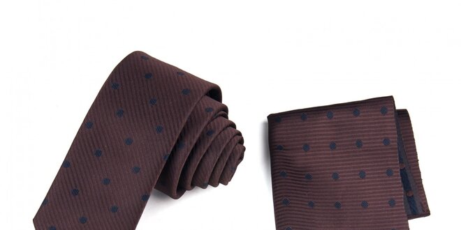 Pánská hnědá sada s puntíky - kravata a kapesníček Giorgio di Mare