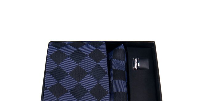 Pánská sada - manžetové knoflíčky, modře kostkovaná kravata a kapesníček Giorgio di Mare