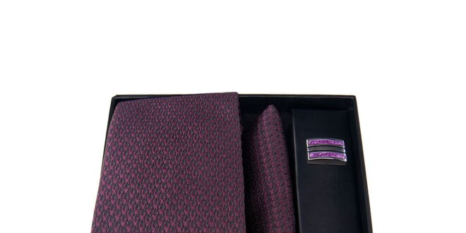 Pánská sada - fialové manžetové knoflíčky, kravata a kapesníček Giorgio di Mare