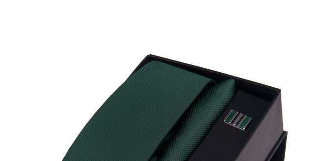 Pánská sada - manžetové knoflíčky, tmavě zelená kravata a kapesníček Giorgio di Mare