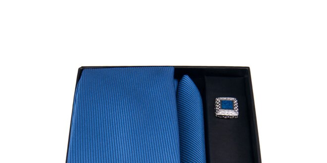 Pánská sada - modré čtvercové manžetové knoflíčky, kravata a kapesníček Giorgio di Mare