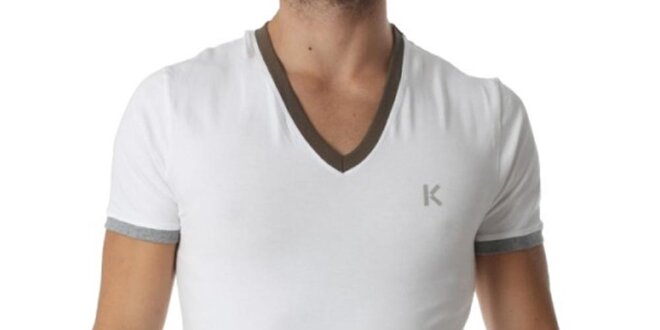 Pánské bílé tričko s výstřihem do V a kontrastními lemy Kenzo
