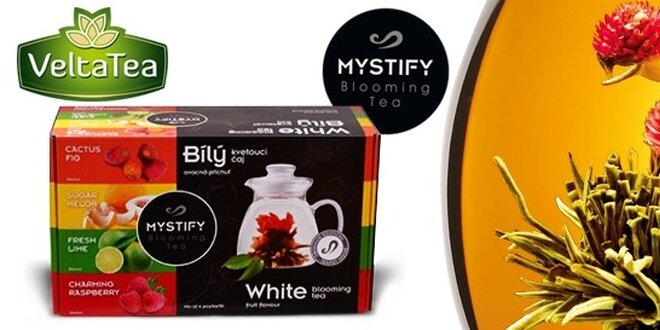 Luxusní set 4 ks prémiových kvetoucích čajů Mystify Blooming Tea s konvičkou - Black Edition