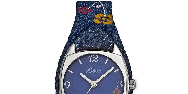 Dětské modré hodinky s květinovým vzorem s.Oliver