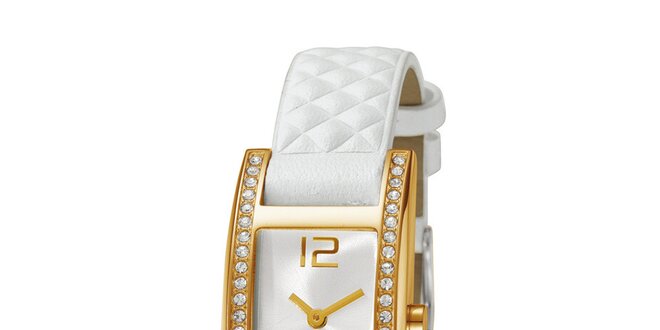Dámské zlaté hodinky s kamínky a bílým řemínkem Esprit
