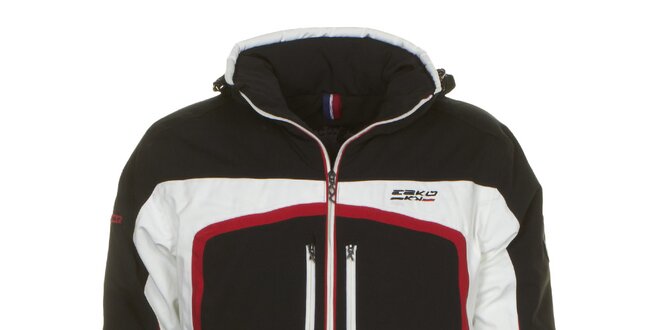 Pánská černá lyžařská bunda s bílým a červeným pruhem E2KO