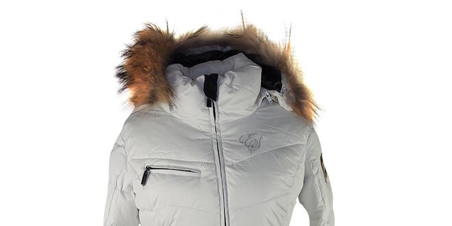 Dámská bílá prošívaná bunda s liščí kožešinou na kapuci E2KO