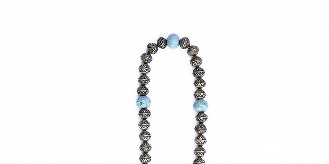 Etno náhrdelník se zlatavým nádechem značky Vkingas doplněný světle modrými komponenty
