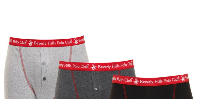 Set černých, tmavě šedých a světle šedých pánských boxerek s červenou gumou Beverly Hills Polo Club