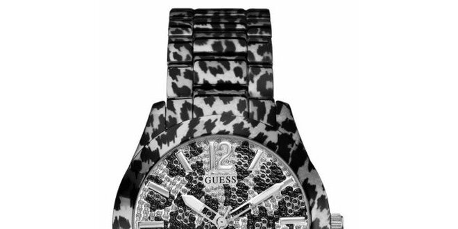 Dámské černo-bílé tygrované ocelové hodinky Guess