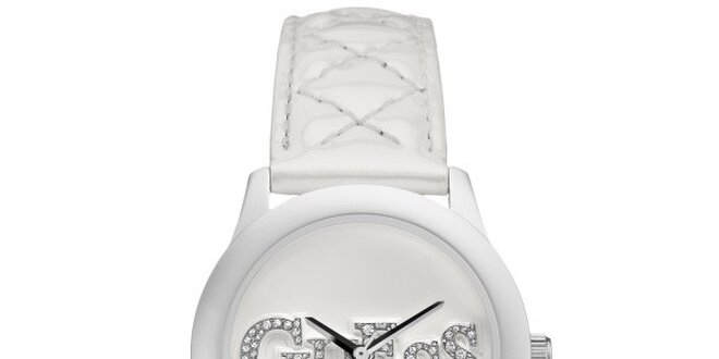 Dámské bílé ocelové hodinky s třpytivým nápisem Guess