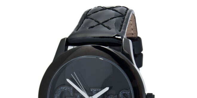 Dámské černé ocelové hodinky s třpytivým nápisem Guess