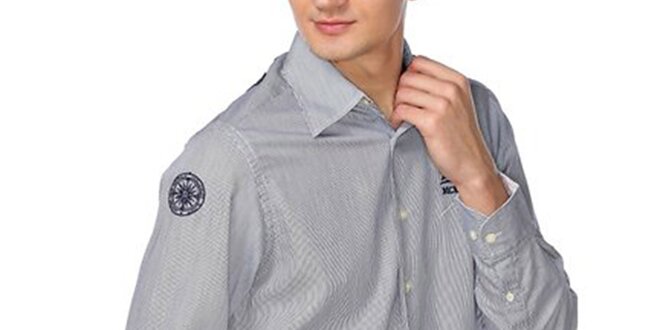 Pánská šedá košile s proužky a nášivkami M. Conte