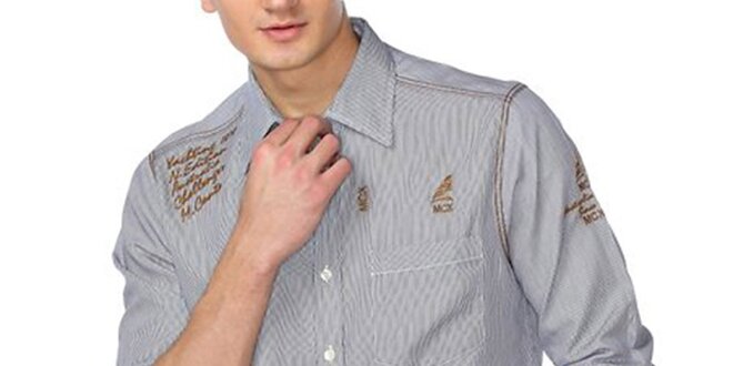 Pánská šedá košile s pruhy a zlatými nápisy M. Conte