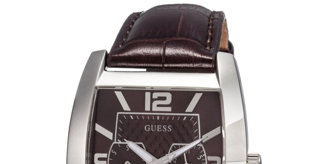Pánské ocelové hodinky s tmavě hnědým řemínkem Guess
