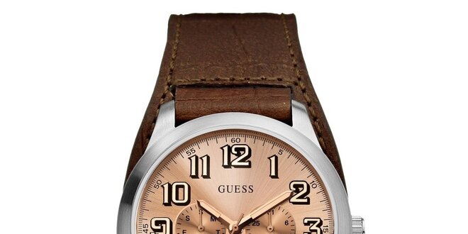 Pánské ocelové hodinky s koženým hnědým řemínkem Guess