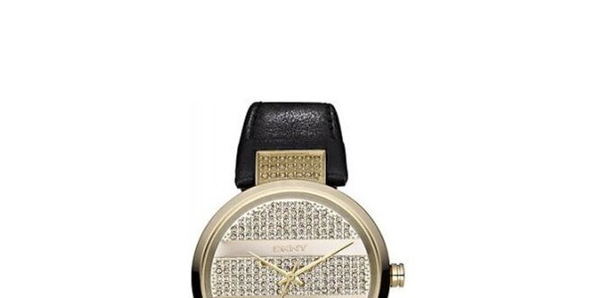 Dámské hodinky DKNY ve zlaté barvě s černým koženým řemínkem