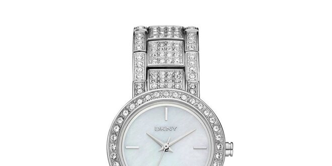 Dámské stříbrné hodinky DKNY s kamínky na ciferníku a kovovém řemínku