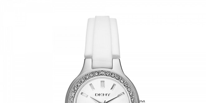 Dámské hodinky DKNY s bílým páskem a ciferníkem osázeným krystaly