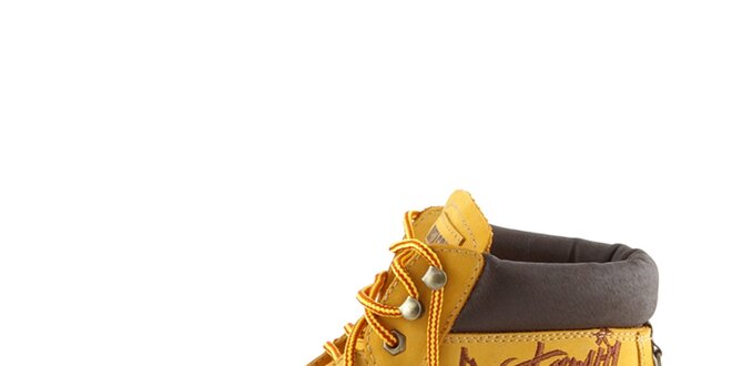 Žluté kotníkové boty s hnědým nápisem Bustagrip