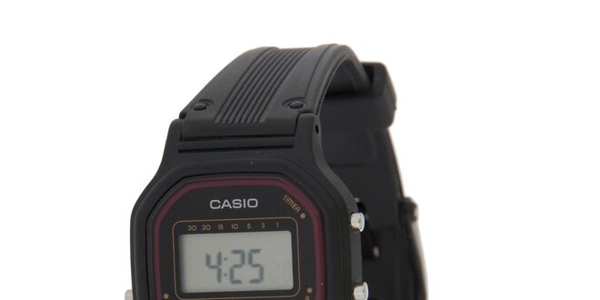 Dámské černé digitální hodinky Casio s vínovým lemem