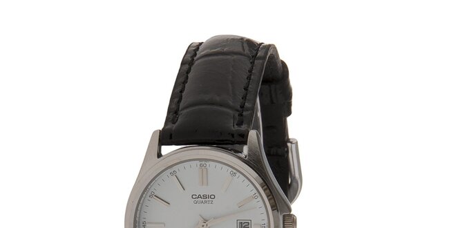 Dámské ocelové hodinky Casio s černým koženým řemínkem