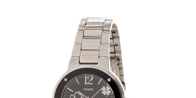Dámské ocelové hodinky Casio s černým ciferníkem a čtyřlístky