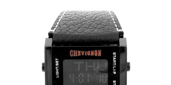 Černé digitální hodinky Chevignon s koženým řemínkem