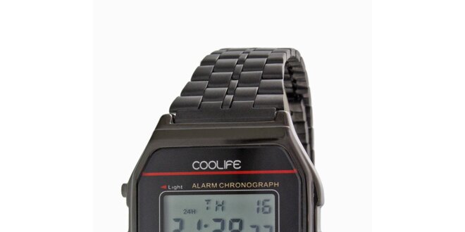 Ocelové černé digitální hodinky COOLIFE s červenou linkou