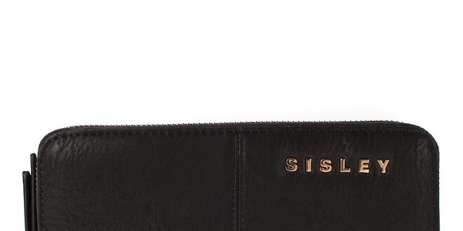 Dámská hnědá peněženka na zip s nápisem a prošíváním Sisley