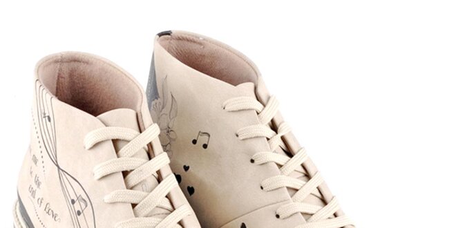 Dámské nízké krémové šněrovací boty s potiskem not