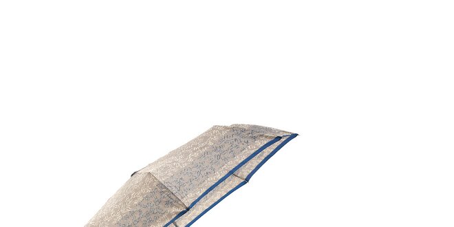 Lehký stříbrný skládací deštník s modrým pruhem a grafickým vzorkem