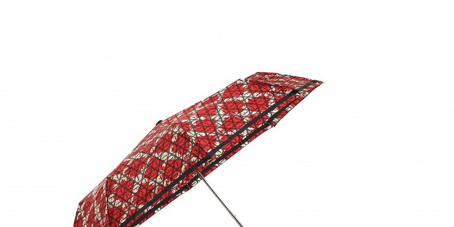 Lehký červený skládací deštník Ferré Milano s modrým vzorem mřížky