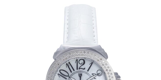 Dámské analogové hodinky s bílým páskem a diamanty Lancaster