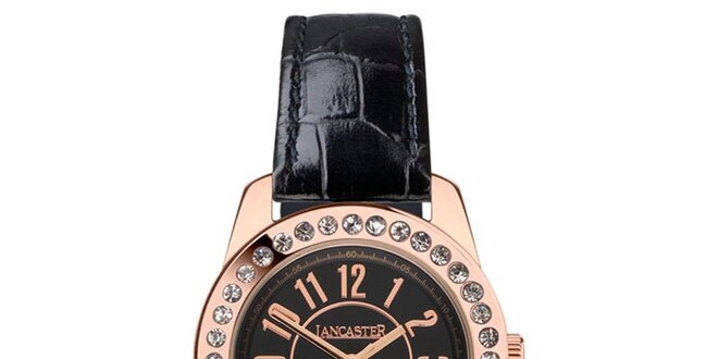 Dámské hodinky s kamínky, černým páskem a s pouzdrem v barvě růžového zlata Lancaster