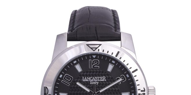 Pánské stříbrné hodinky s černým koženým řemínkem Lancaster